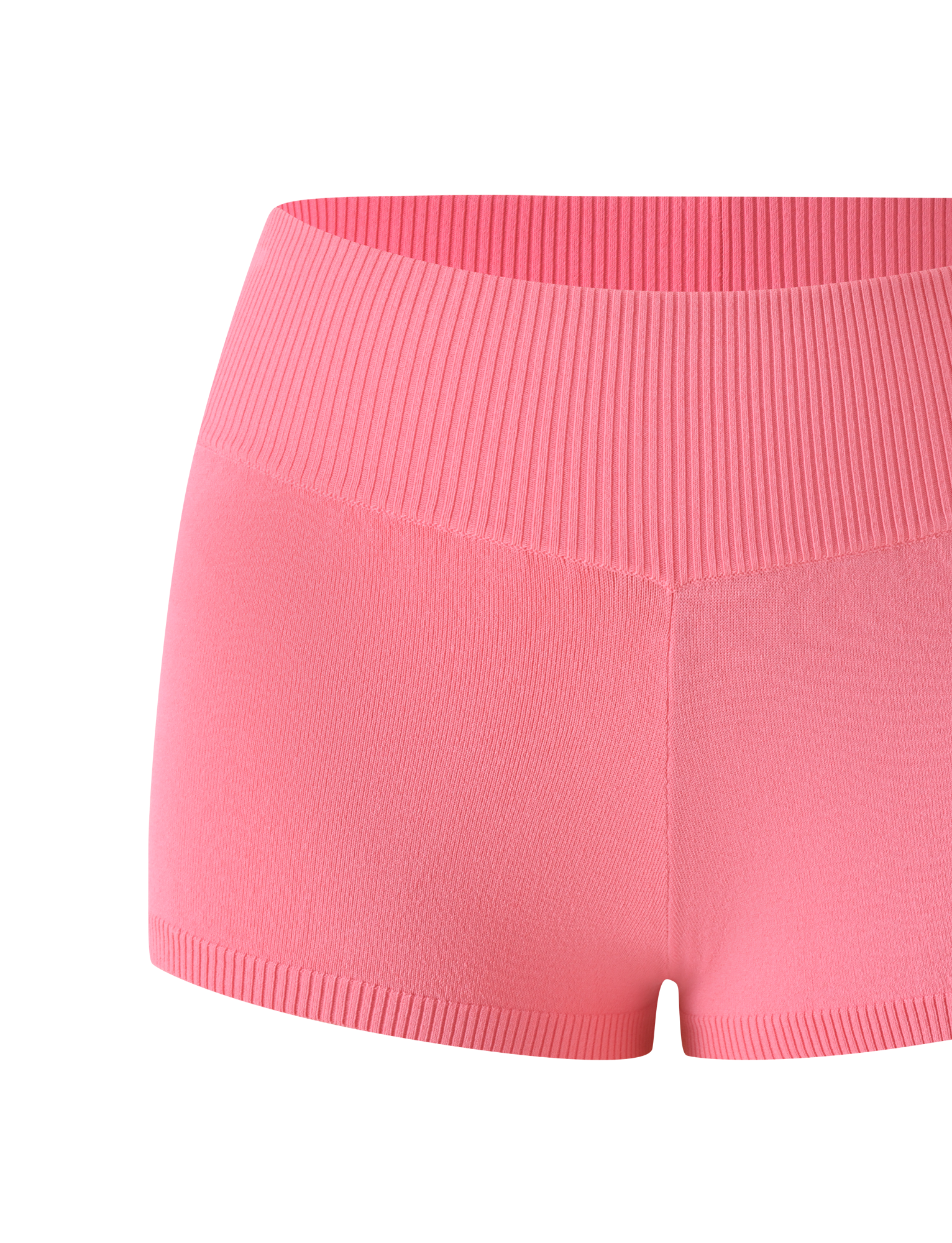 The TIGERMIST PARKER KNIT MICRO SHORT in coral features a pink ribbed, seamless design with a high waistband. Displayed against a plain white background, these bodycon-fit micro shorts are crafted from fine, stretchy knit fabric for a form-fitting look.