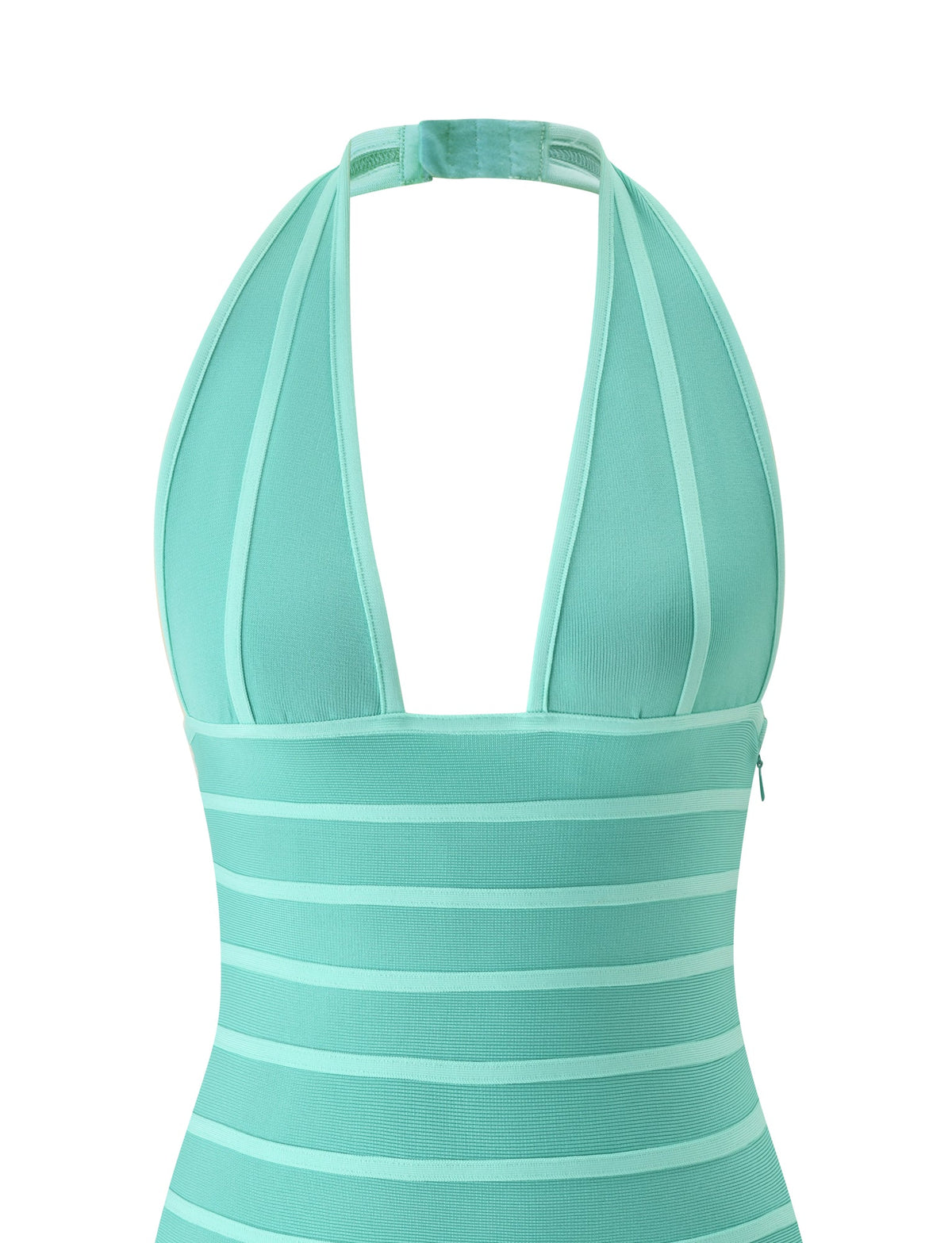 TIGERMIST’s BRIGIT BANDAGE MINI DRESS in Teal, shown from the front, features a chic halter neckline with a strap around the neck and a daring plunging neckline. The design’s flattering silhouette draws inspiration from your favorite halter-neck swim styles, making it perfect for turning heads whether you’re poolside or at an upscale beach club.
