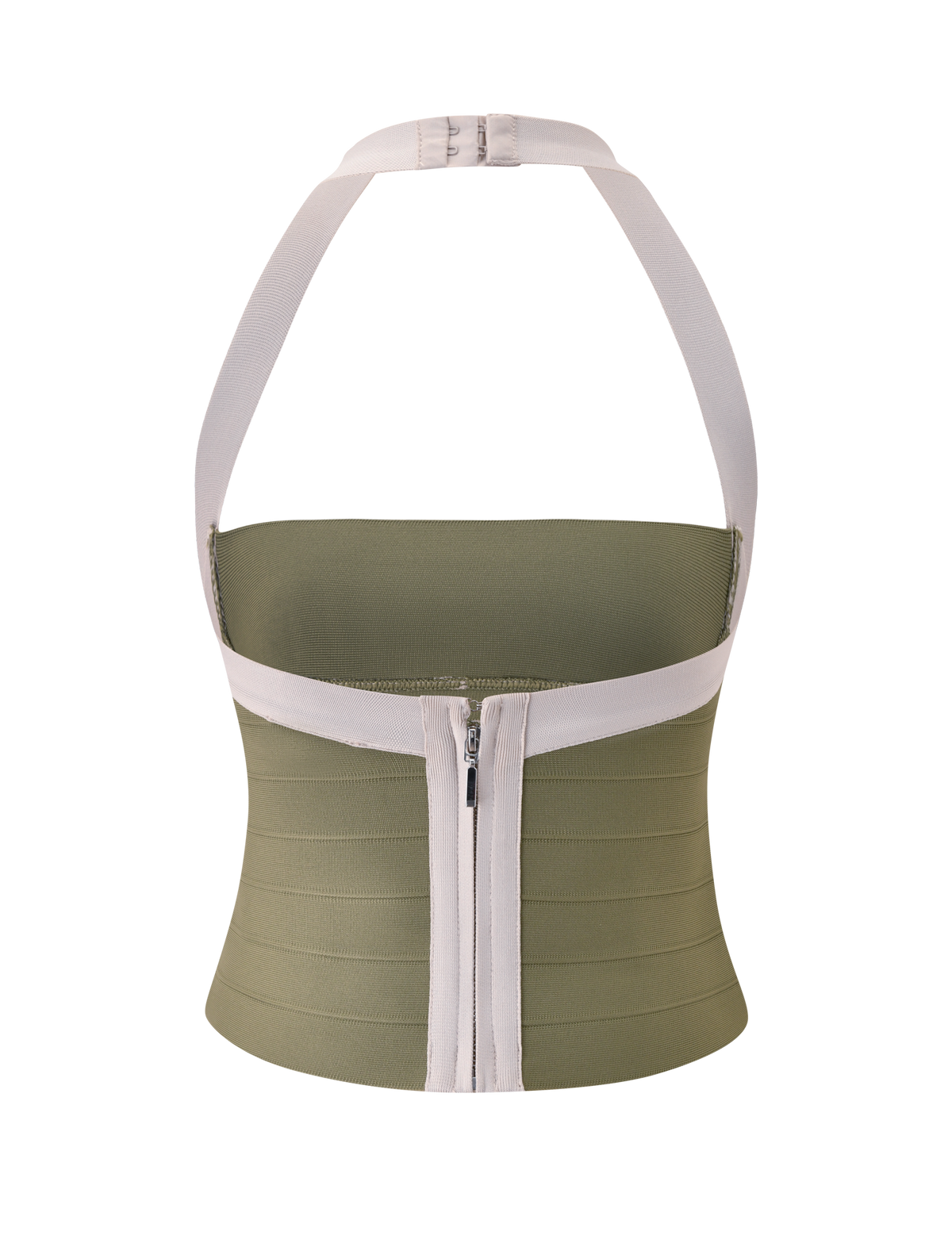 The ELEANOR BANDAGE TOP by TIGERMIST features an olive green, strapless bandage design with wide ivory halter straps and a prominent center back zipper. Crafted from ribbed fabric, this top offers a bodycon fit that flatters and sculpts your silhouette.
