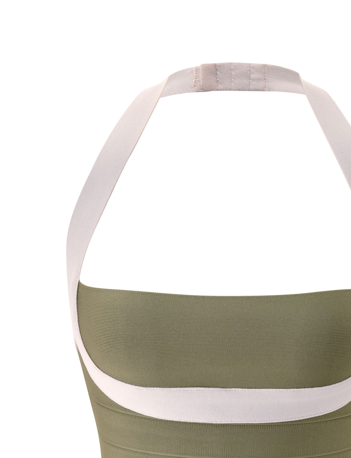 Close-up of the back of the TIGERMIST ELEANOR BANDAGE TOP in Olive and Ivory, featuring wide white halter straps crossed behind the neck. The ribbed, fitted fabric highlights a subtle bodycon silhouette with clean, simple stitching.