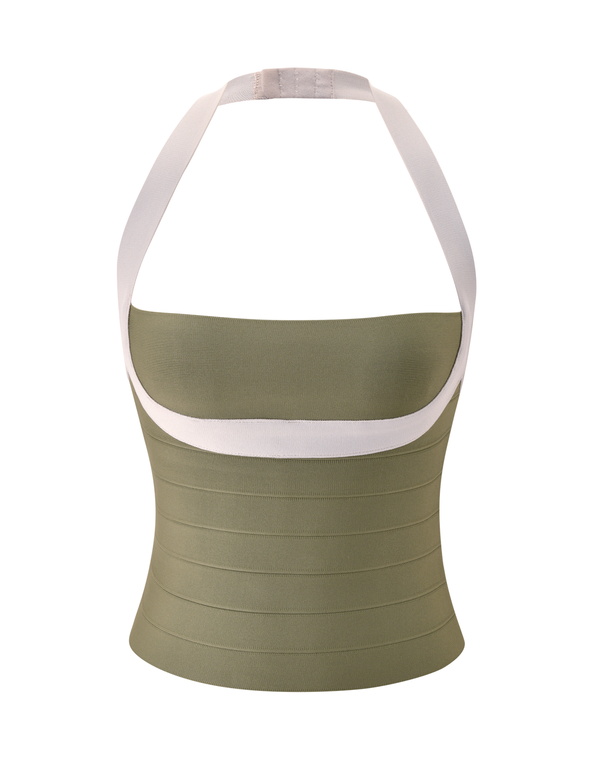 The TIGERMIST ELEANOR BANDAGE TOP in olive and ivory features a strapless bandeau design with contrasting white halter neck straps. This top offers a bodycon fit, highlighted by horizontal seam lines and a smooth, sleek texture. Displayed on a plain white background.