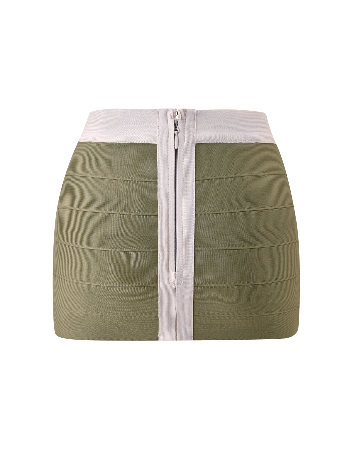 The ELEANOR BANDAGE MINI SKIRT - OLIVE AND IVORY by TIGERMIST features a chic olive green bodycon silhouette, elevated with a high-waisted fit, wide ivory waistband, and a striking vertical white zipper down the center front. This mini skirt effortlessly enhances your shape while bringing a contemporary edge to your wardrobe.