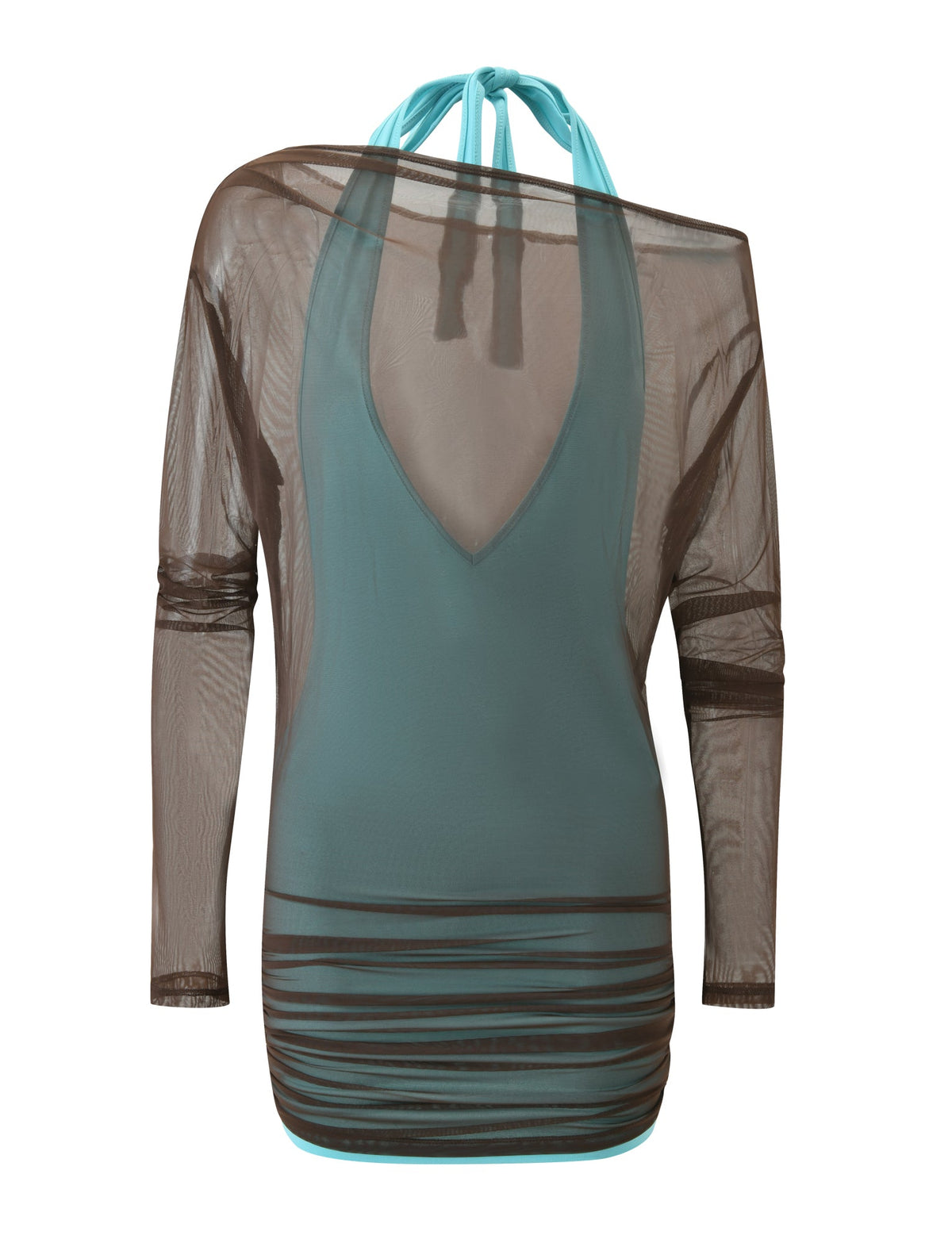The ELSEY TWO PIECE MINI DRESS - CHOCOLATE AND AQUA features a teal bodycon mini dress with a halter neckline worn under a brown, off-the-shoulder sheer mesh long-sleeve top.