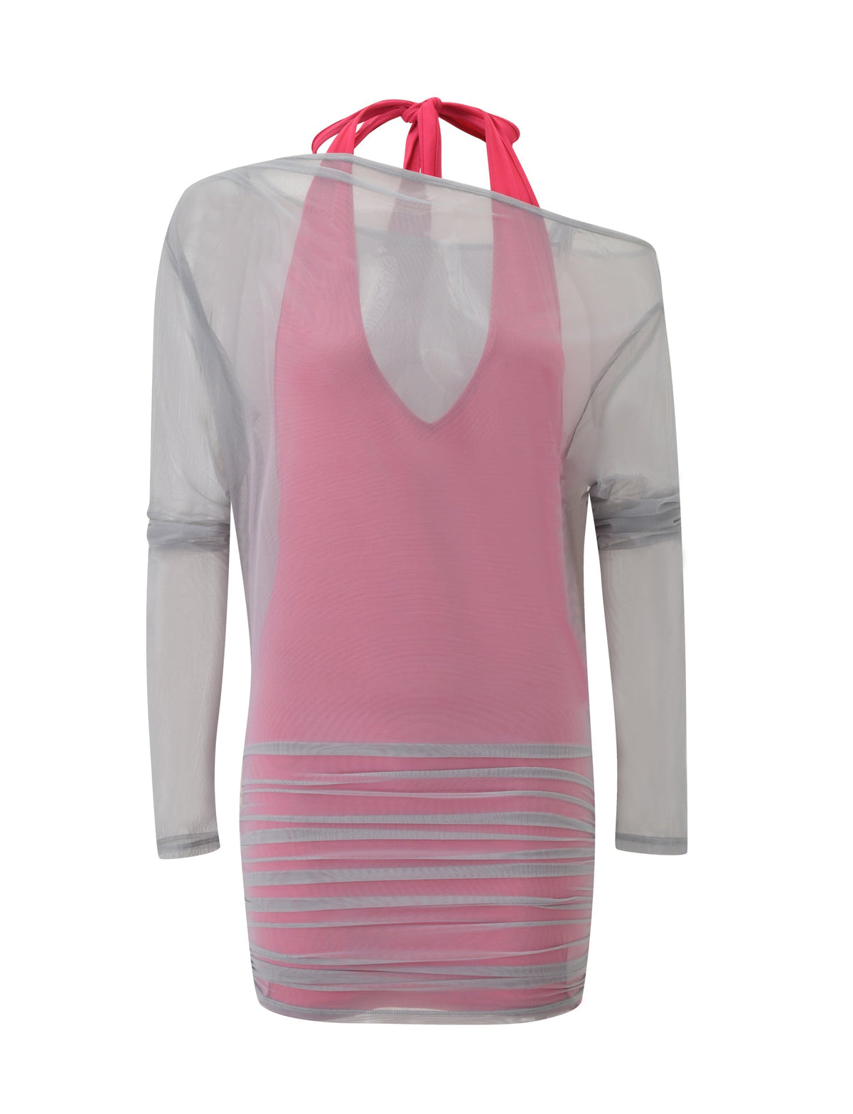 A pink halter-neck mini dress worn underneath a sheer, grey long-sleeve overlay, styled as the ELSEY TWO PIECE MINI DRESS - GREY AND PINK.