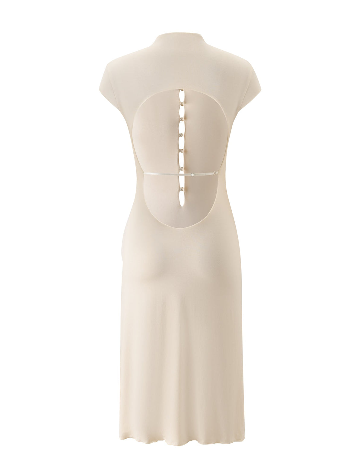 Cream MARCI MIDI DRESS in an A-line silhouette with short sleeves, an open back featuring a vertical row of buttons, and a thin strap across the waist.