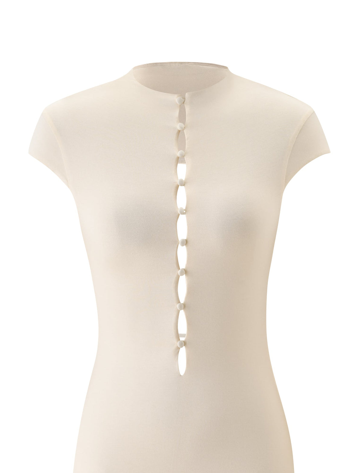 MARCI MIDI DRESS - CREAM in a cream-colored midi A-line style with cap sleeves, a vertical row of center buttons, and keyhole cutouts.