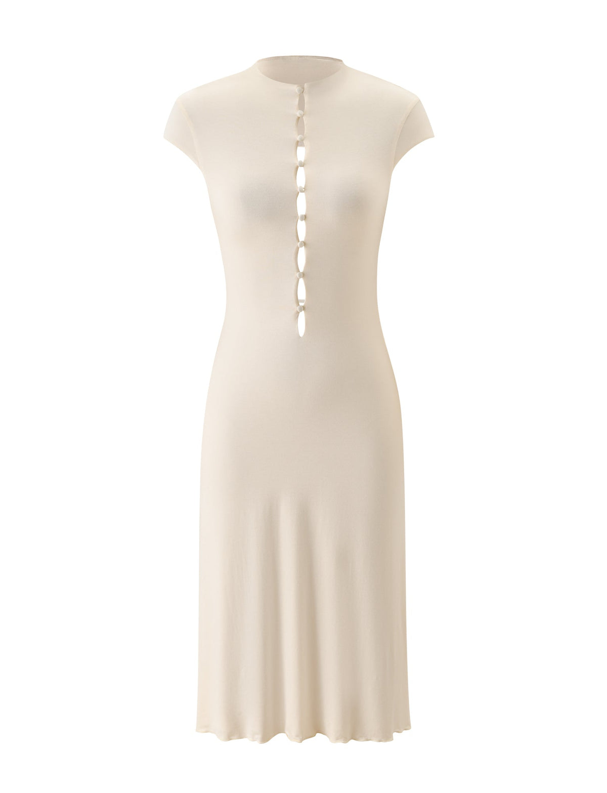 Cream-colored TIGERMIST MARCI MIDI DRESS in an A-line silhouette featuring cap sleeves and a button-front placket with oval cutouts.