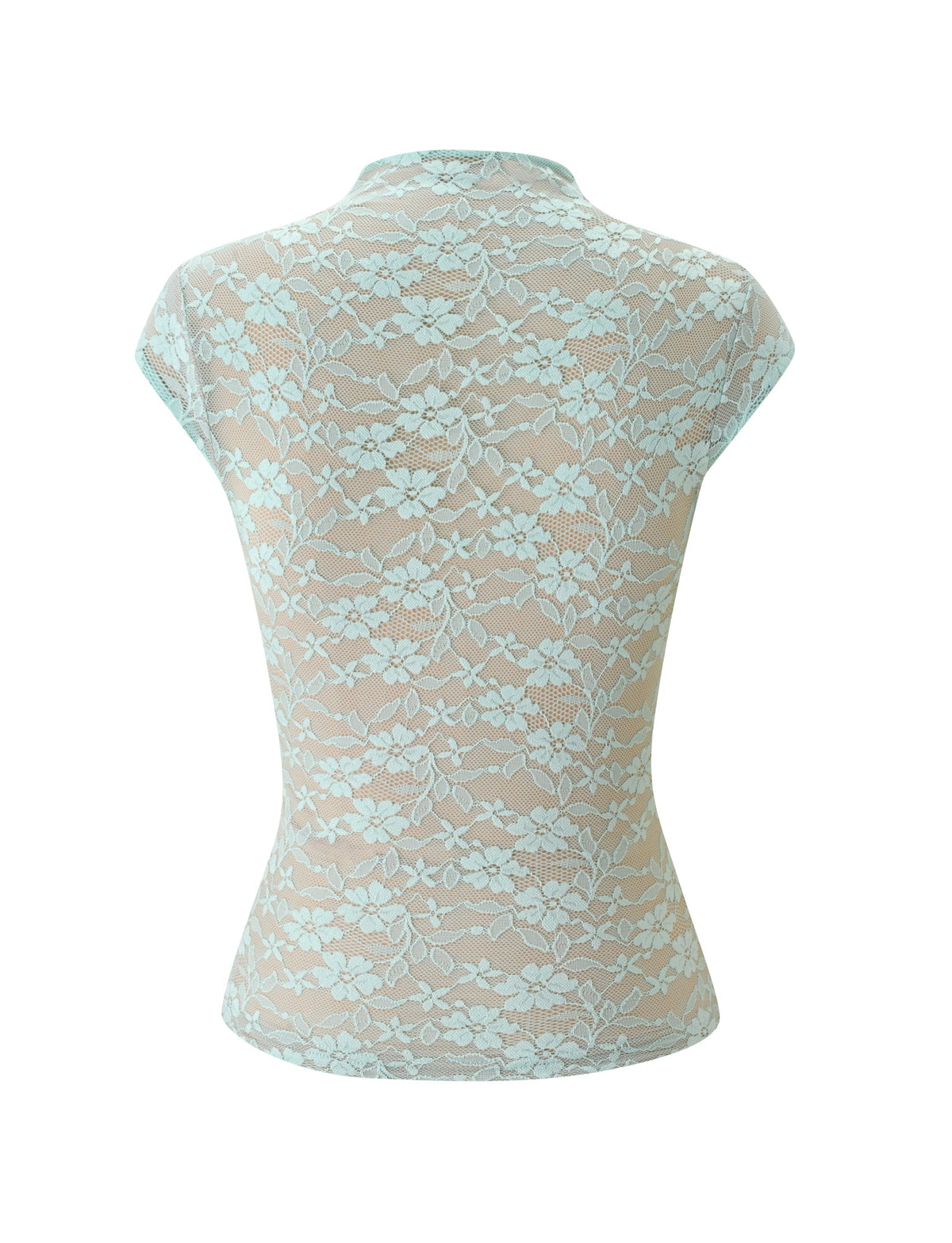 Back view of the KINLEY TOP - MINT, a mint green stretch lace cap-sleeve top in a bodycon silhouette.
