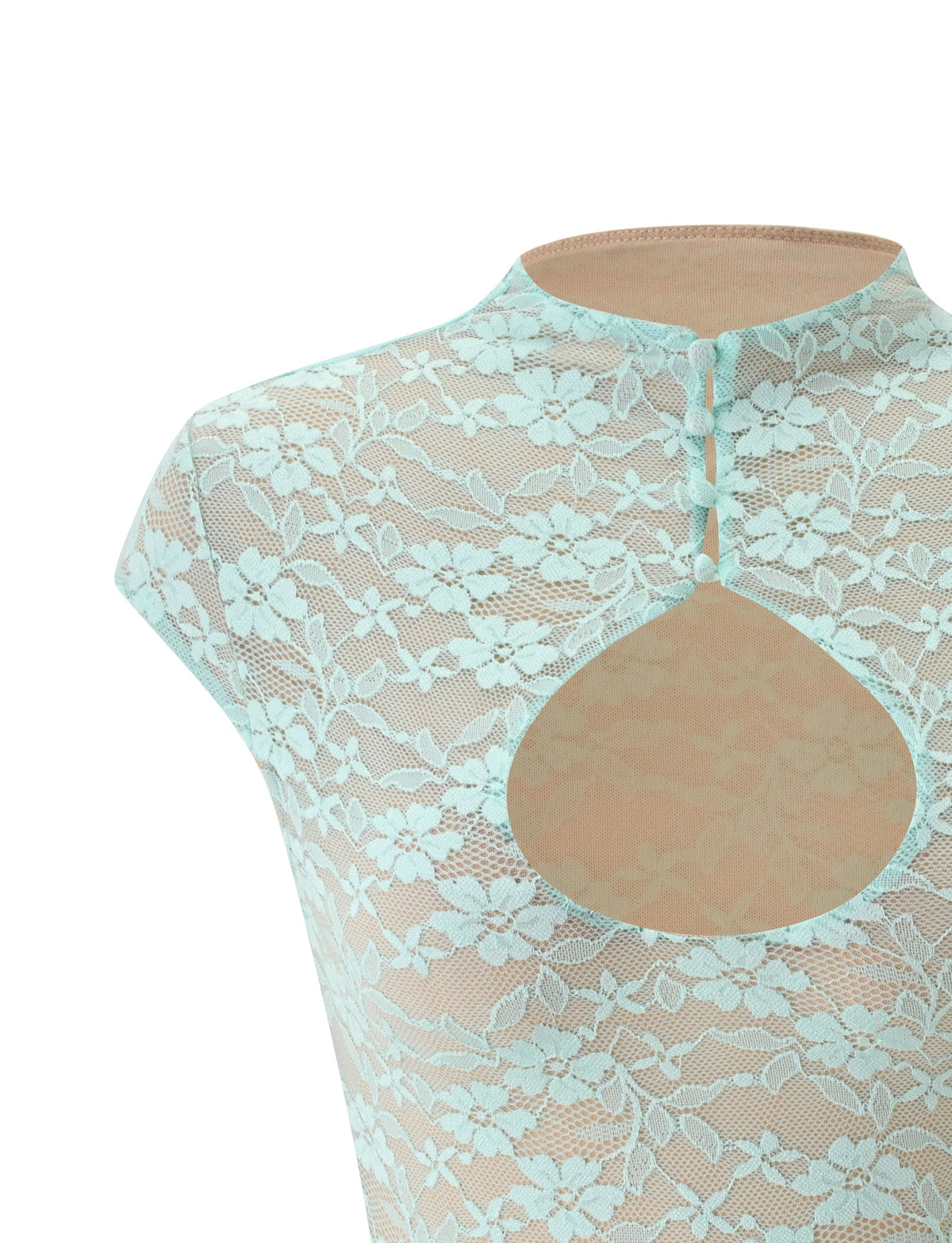 KINLEY TOP - MINT: a mint green floral stretch lace top in a bodycon silhouette, featuring cap sleeves, a high neckline with a small cutout, and button closures on the back.