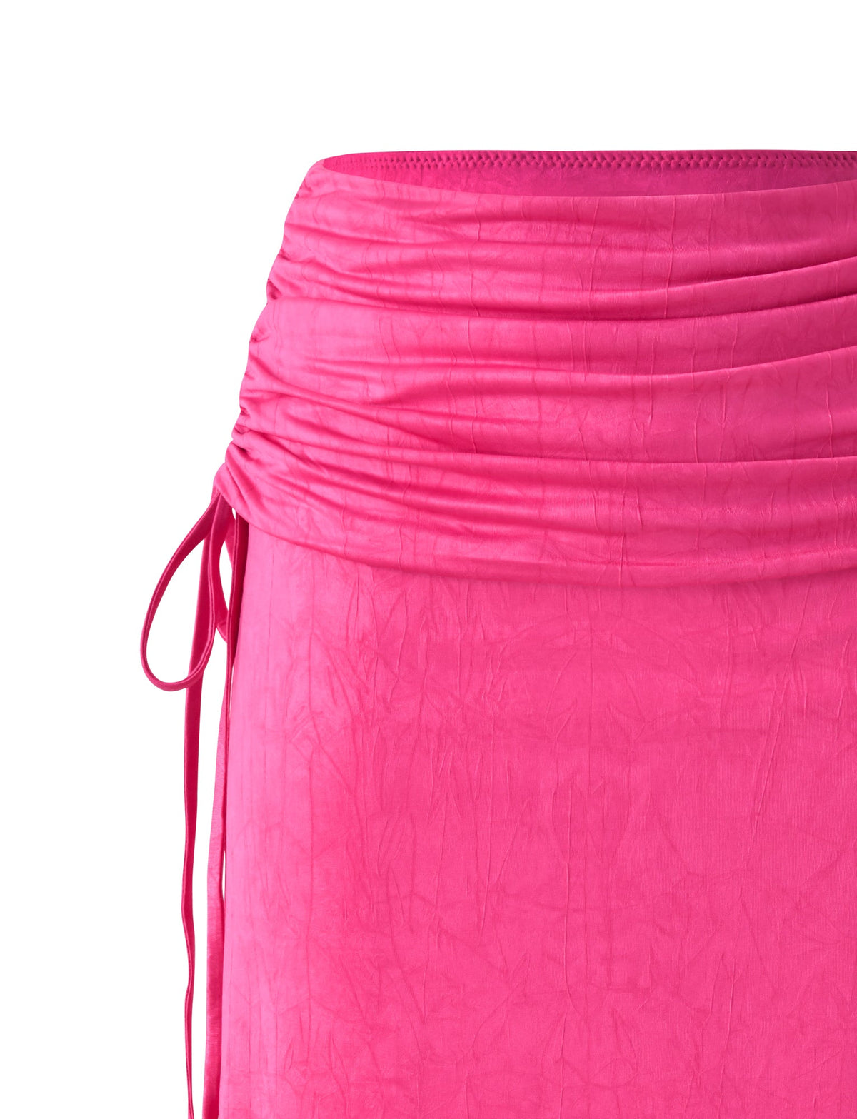 Fuchsia TIGERMIST LORELAI MIDI SKIRT - FUCHSIA featuring a gathered waistband and a side drawstring tie, making it a vibrant summer wardrobe essential.