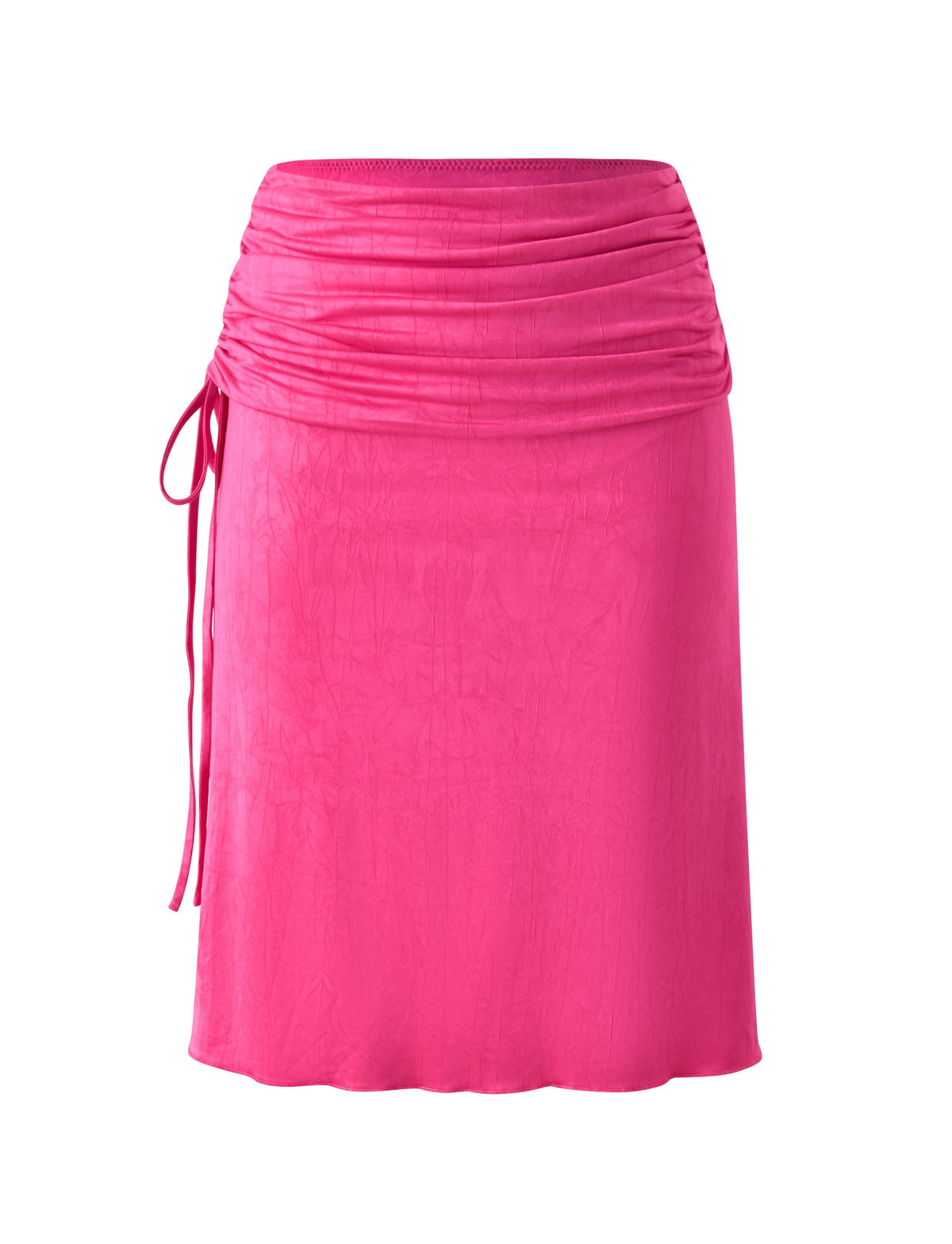 TIGERMIST LORELAI MIDI SKIRT - FUCHSIA midi skirt with a ruched, gathered waistband and a side drawstring tie, serving as a textured summer wardrobe essential.