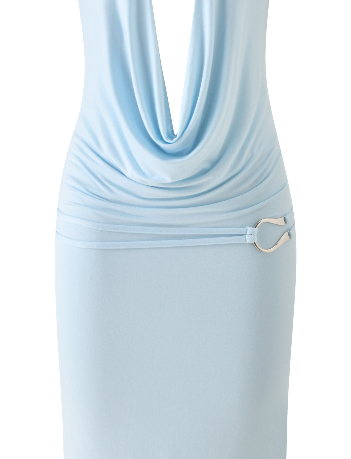 LETTIE MIDI DRESS - BABY BLUE midi dress with a cowl neckline and a silver horseshoe-shaped accent at the hip, perfect as a summer cocktail dress.