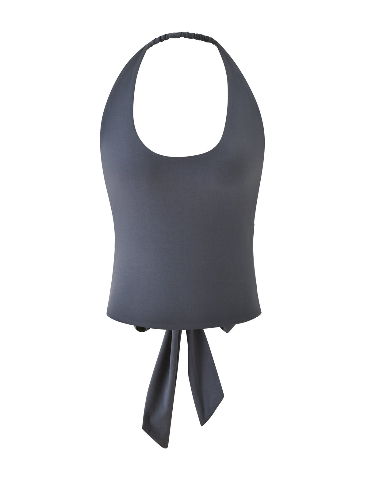 ASPEN TOP - CHARCOAL gray scoop neck halter top with a low neckline, an adjustable elastic strap, and a tie-back detail.