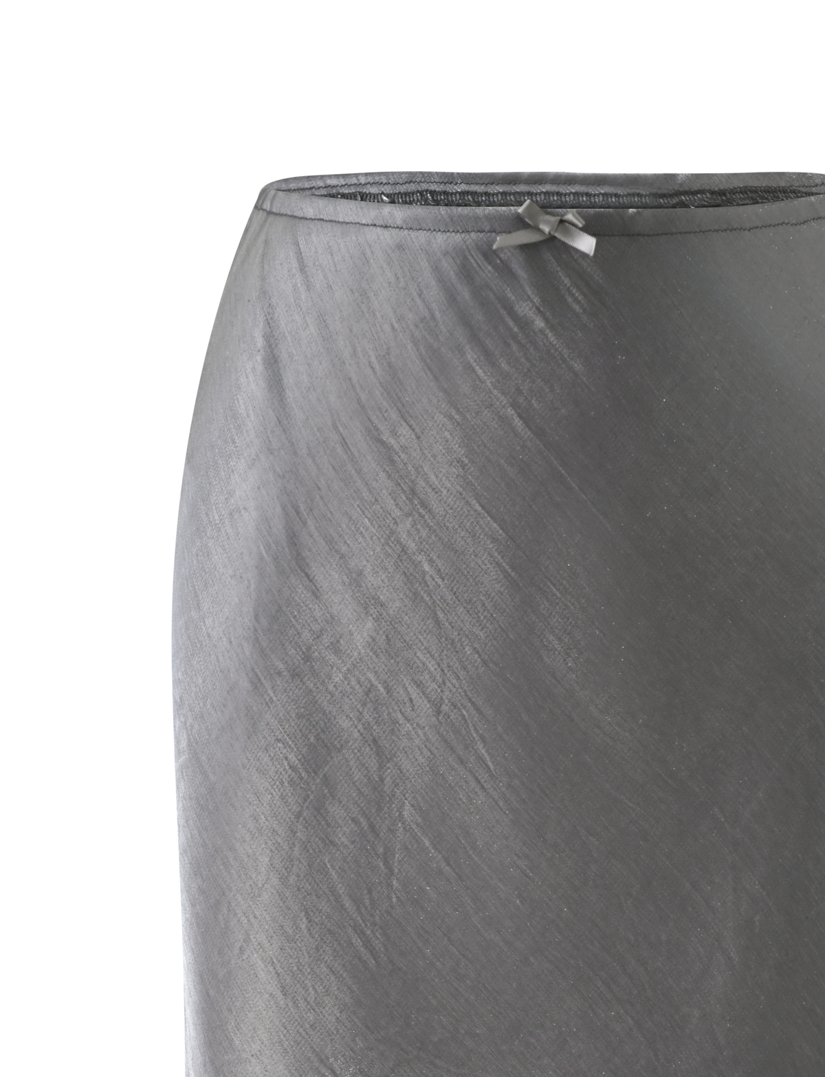 ASPEN MIDI SKIRT - CHARCOAL in a 90′s column silhouette, featuring charcoal gray satin fabric and a small bow at the center of the waistband.