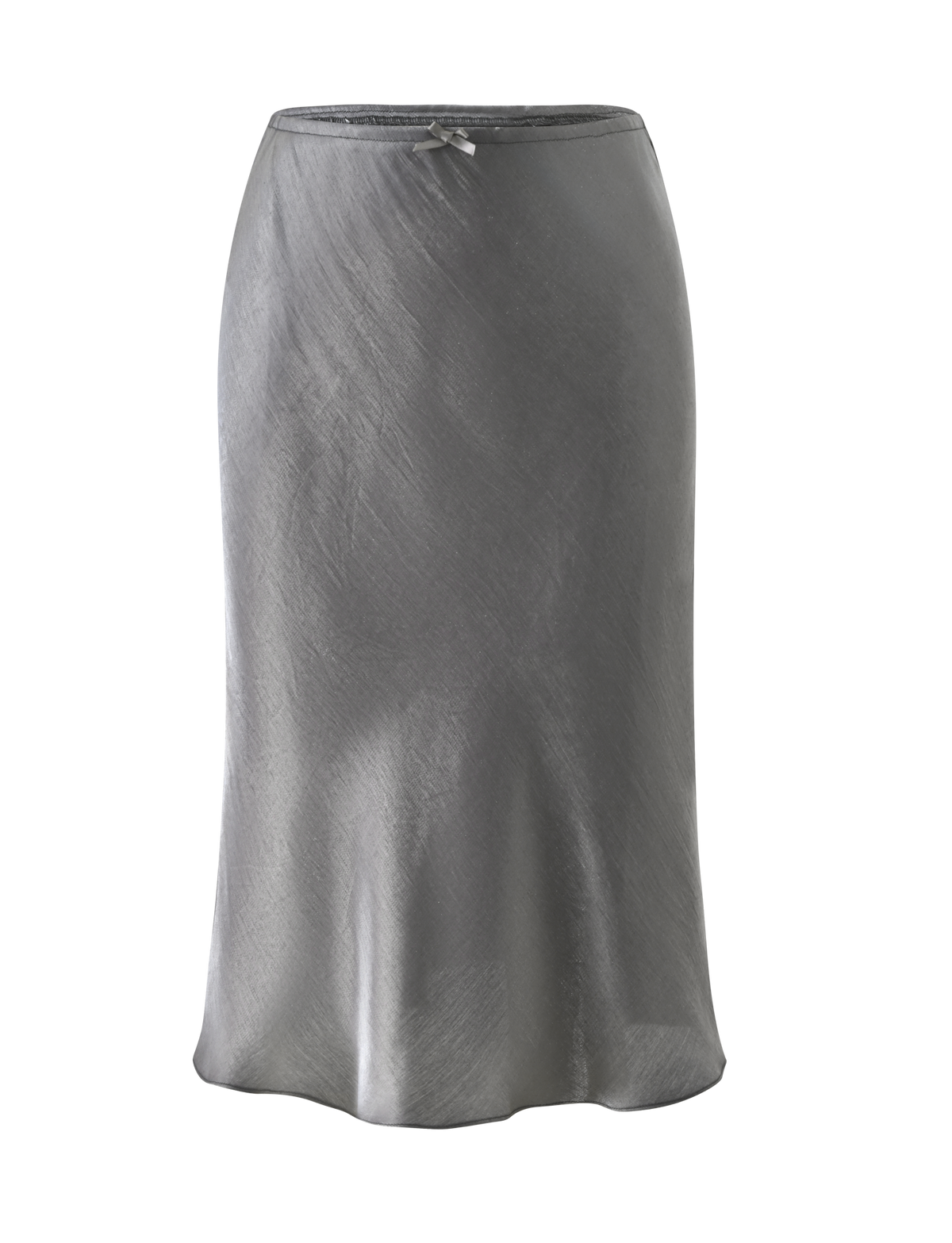 ASPEN MIDI SKIRT - CHARCOAL in a 90′s column silhouette featuring a charcoal gray satin fabric and a small bow at the center waist.