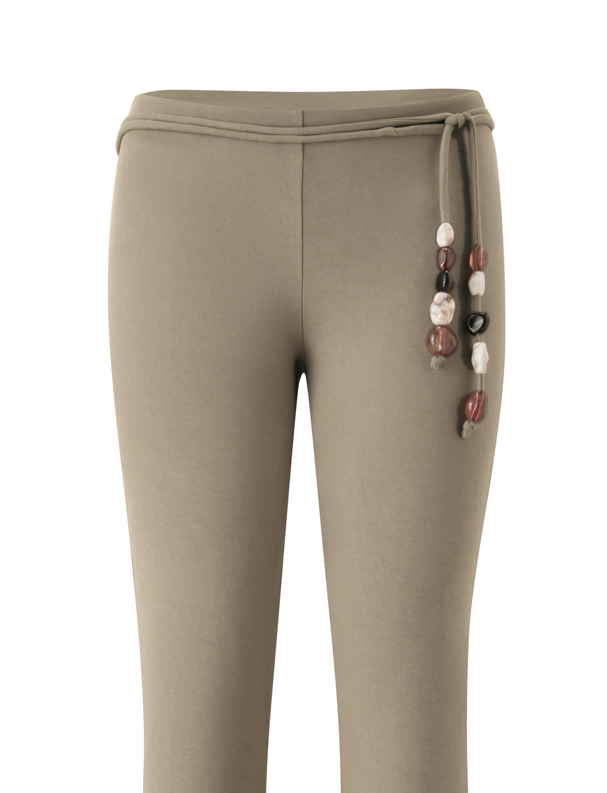 Olive-colored KHORA PANT flared pants with a beaded self-belt tie waist detail.