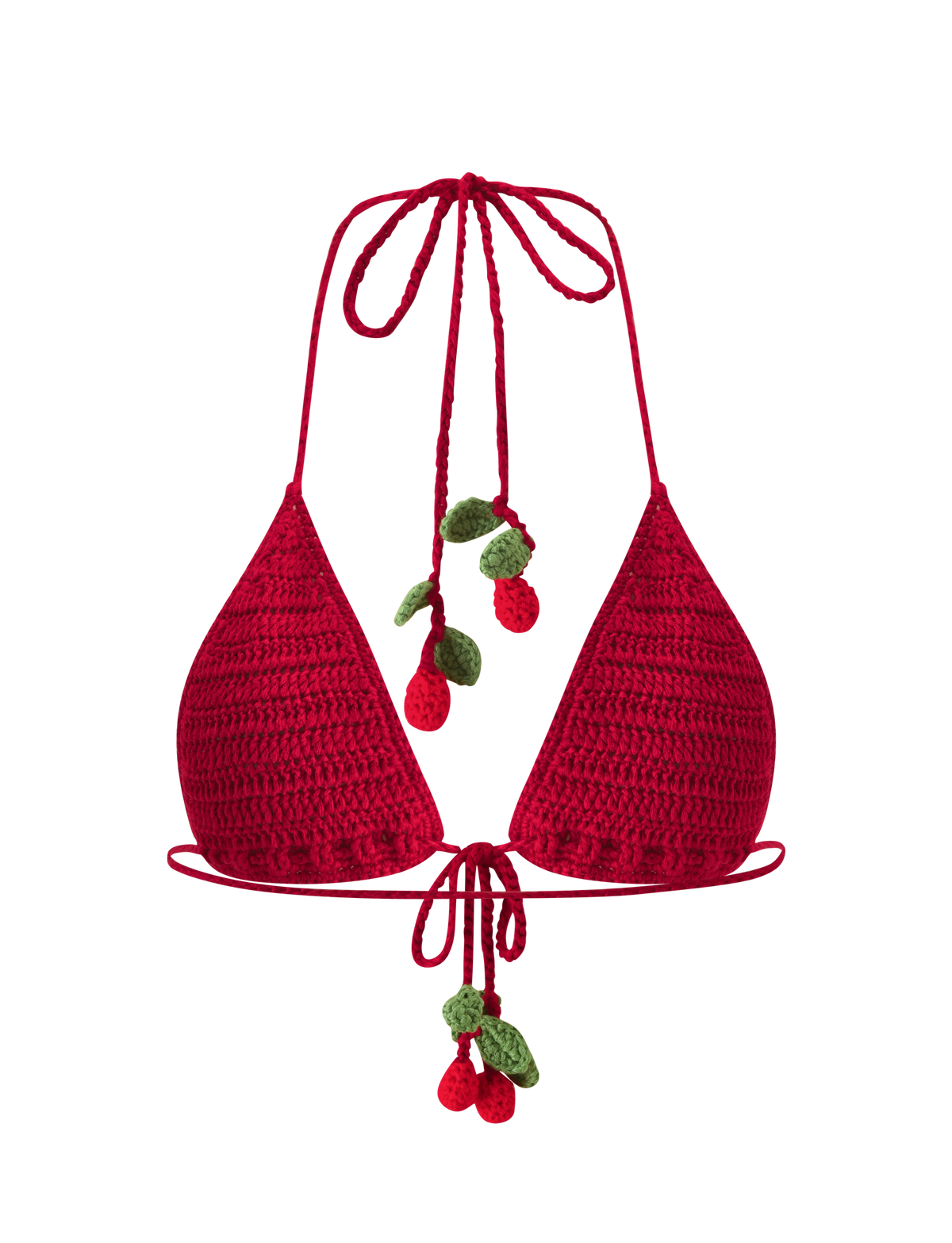 CHERRY CROCHET BIKINI TOP red triangle crochet bikini top with halter neck ties and hanging cherry-shaped charms.