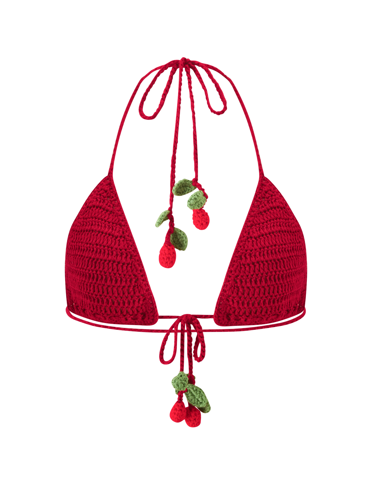 TIGERMIST CHERRY CROCHET BIKINI TOP - CHERRY in a red triangle silhouette, featuring dangling cherry-shaped charms on the halter and center ties.