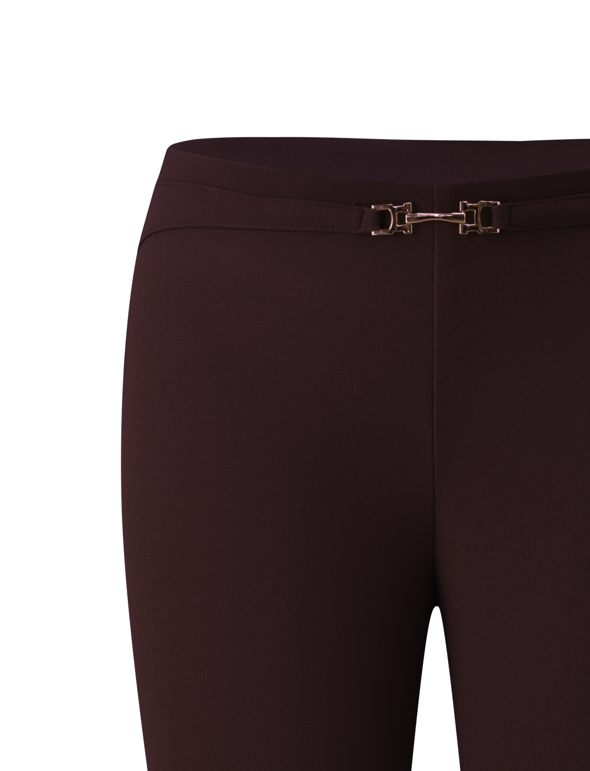 Chocolate brown KITTIE BUCKLE CAPRI - CHOCOLATE pants featuring a decorative gold-tone metal buckle at the center waist.