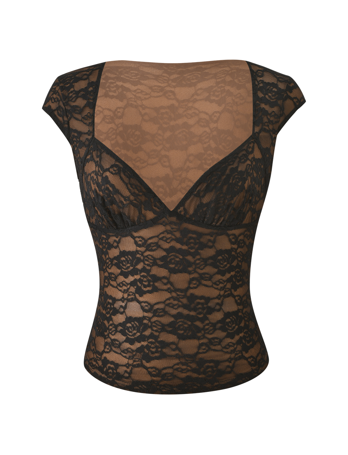 MAREN 2.0 TOP - BLACK in black lace with a cap-sleeve sweetheart neckline.