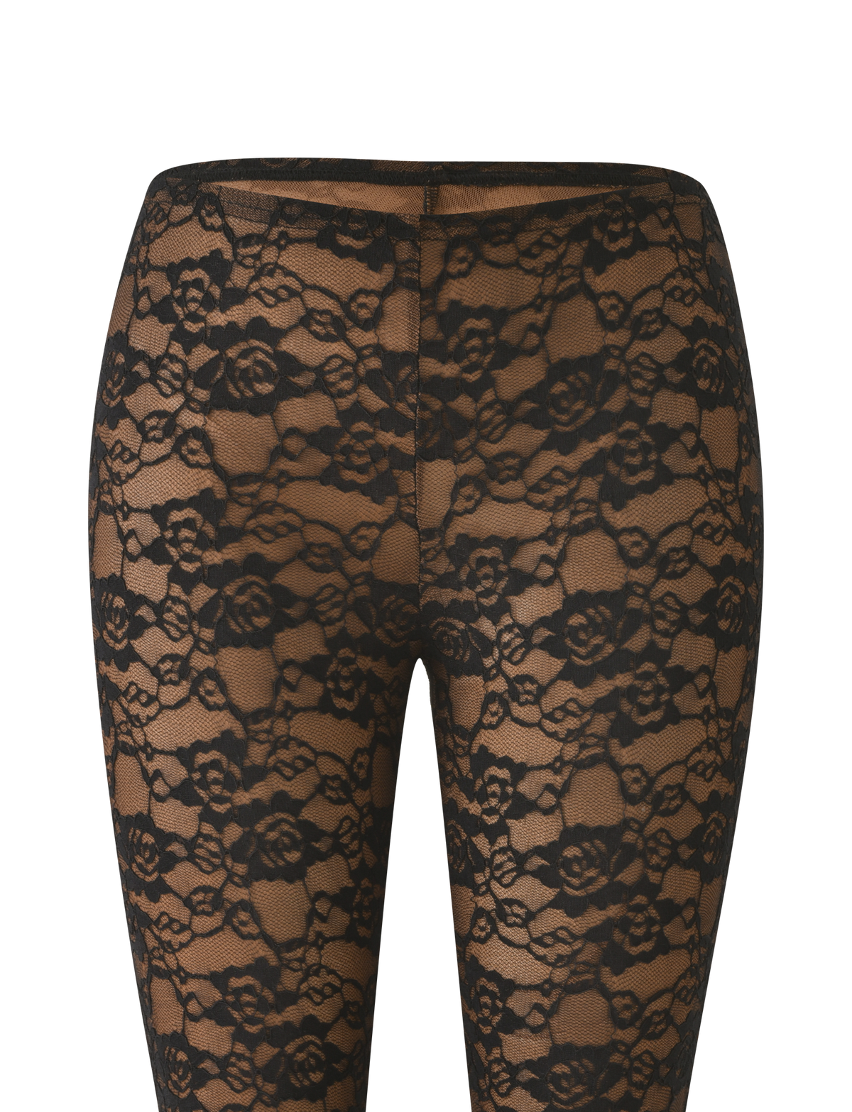 MAREN 2.0 CAPRI - BLACK floral lace leggings with a bodycon fit and an elastic waistband.