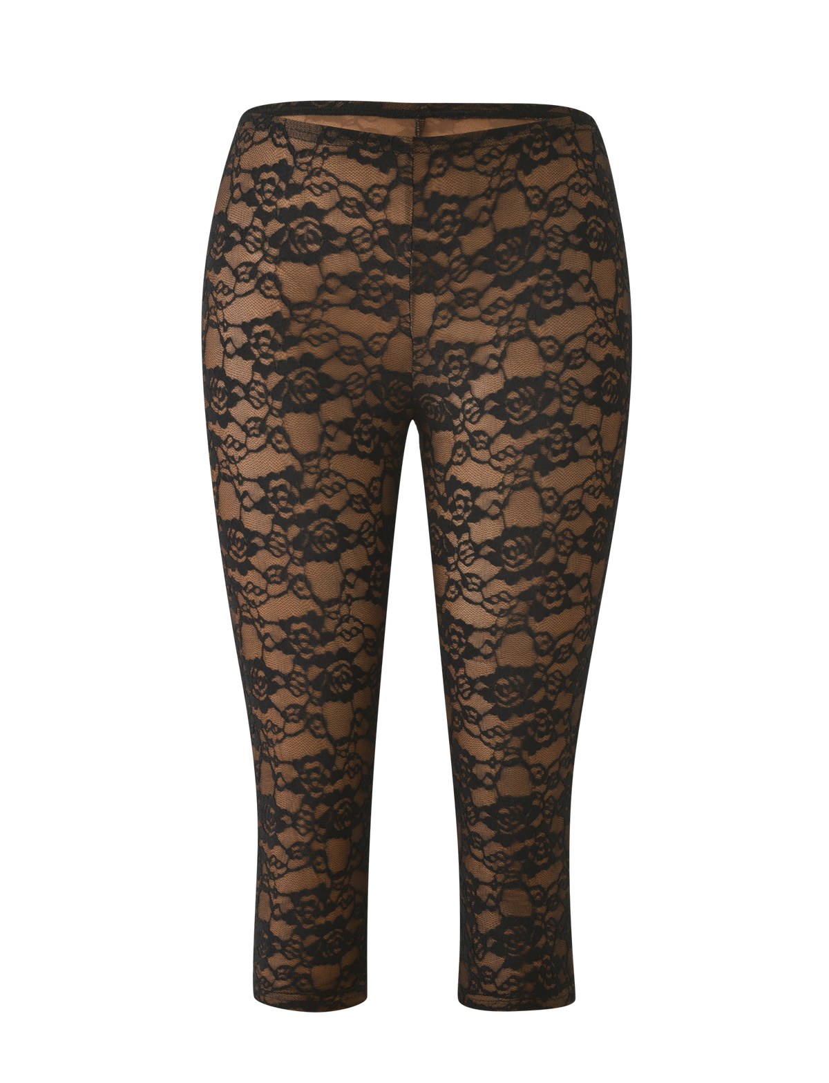 MAREN 2.0 CAPRI - BLACK leggings featuring a bodycon fit, an all-over floral lace pattern, and an elastic waistband.
