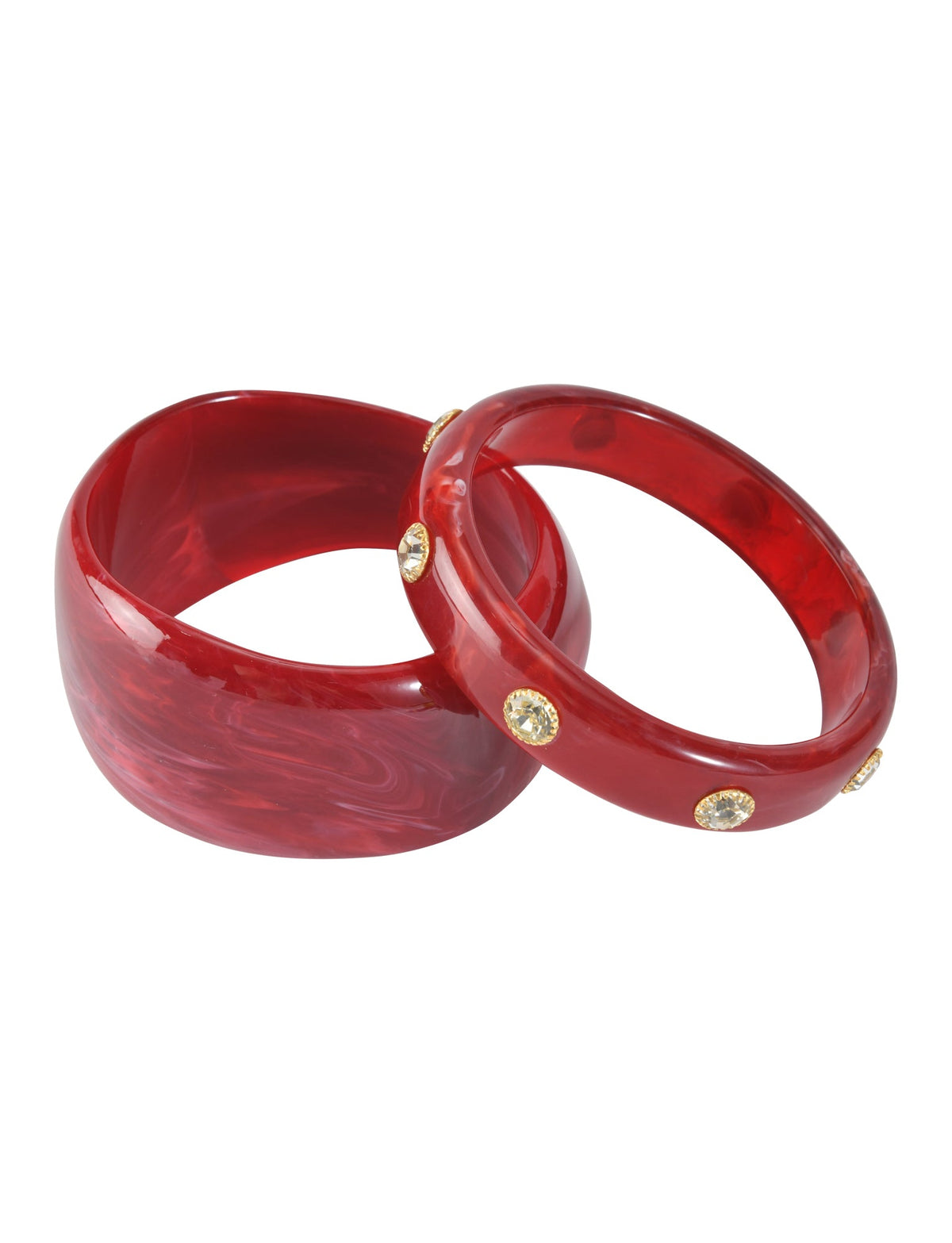 Two red bangles from the COLE BANGLE SET - DEEP RED by TIGERMIST, one wide with marbled texture and one slim with gold and rhinestone accents, overlap on a white background.