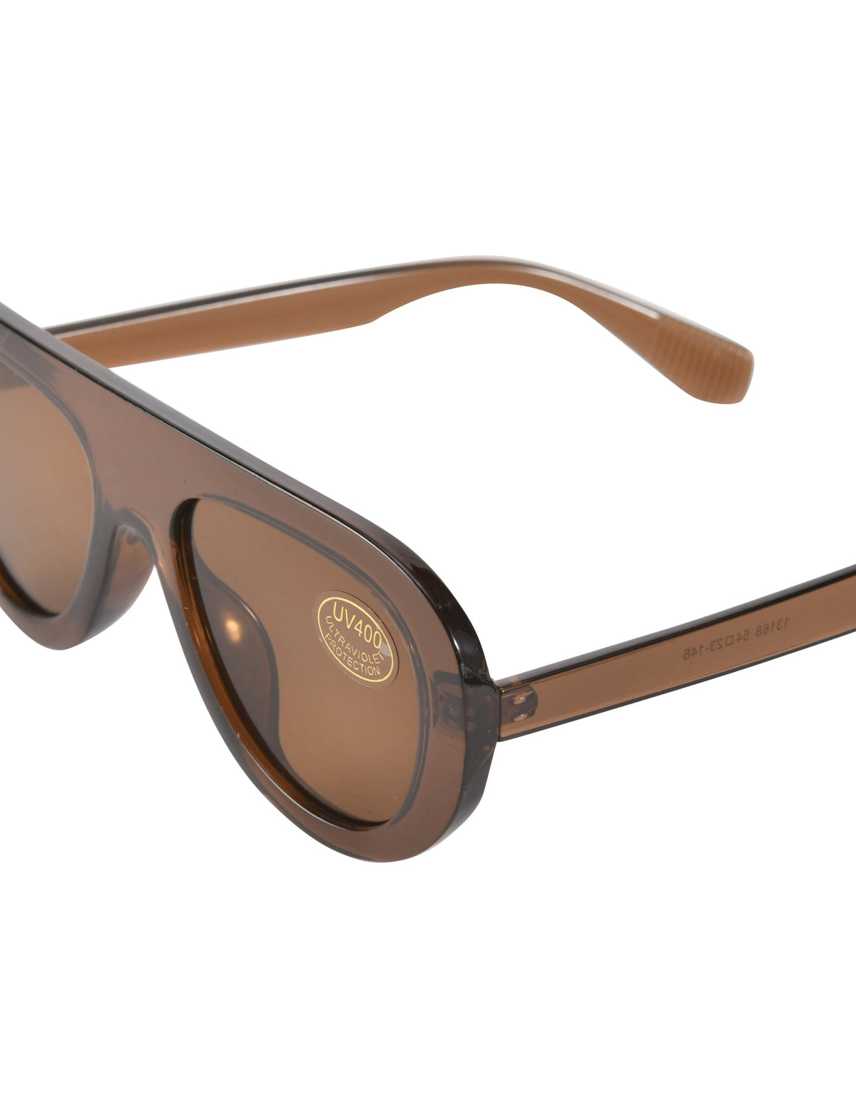 SHEILA SUNGLASSES - BROWN feature brown-tinted shield lenses with a thick top bar and a gold UV400 protection sticker.