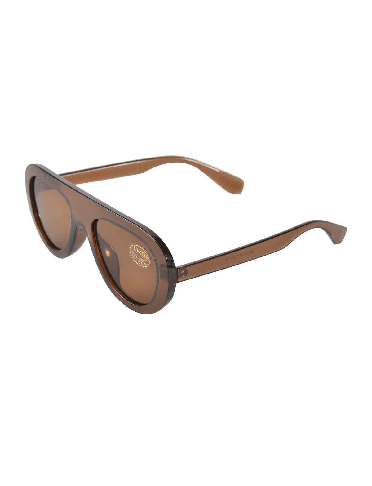 SHEILA SUNGLASSES - BROWN aviator sunglasses with a flat top bridge and a UV400 protection sticker on the lens.