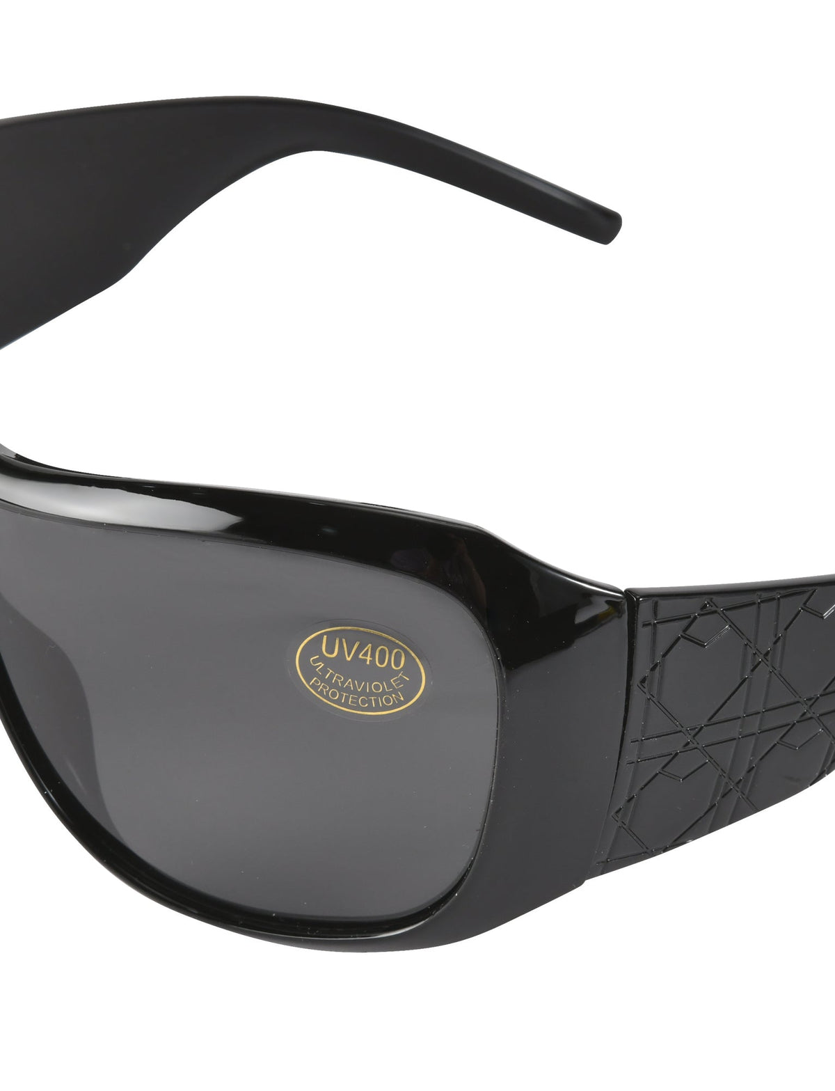 PAULIE FASHION SUNGLASSES - BLACK featuring a black shield design, a UV400 protection sticker on the lens, and a quilted pattern on the temple.