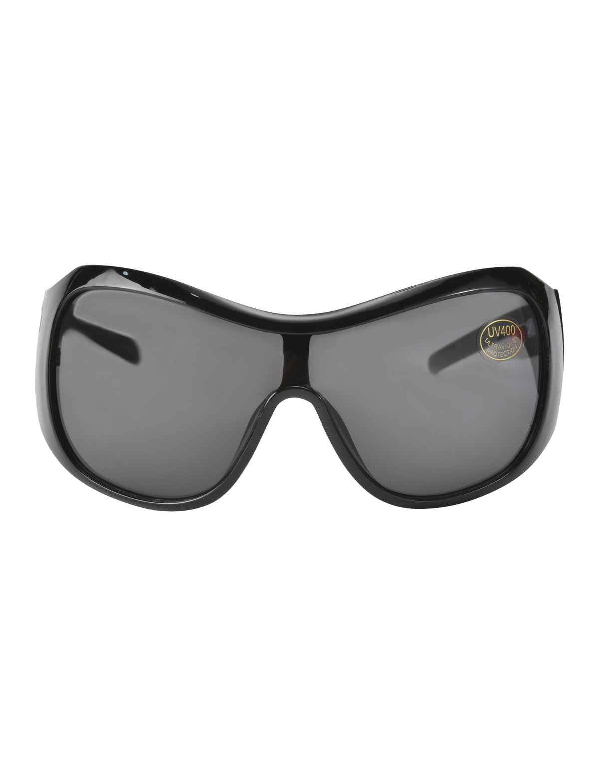 PAULIE FASHION SUNGLASSES - BLACK featuring a black wraparound, extra-wide shield silhouette with dark lenses and a UV400 protection sticker on the right lens.