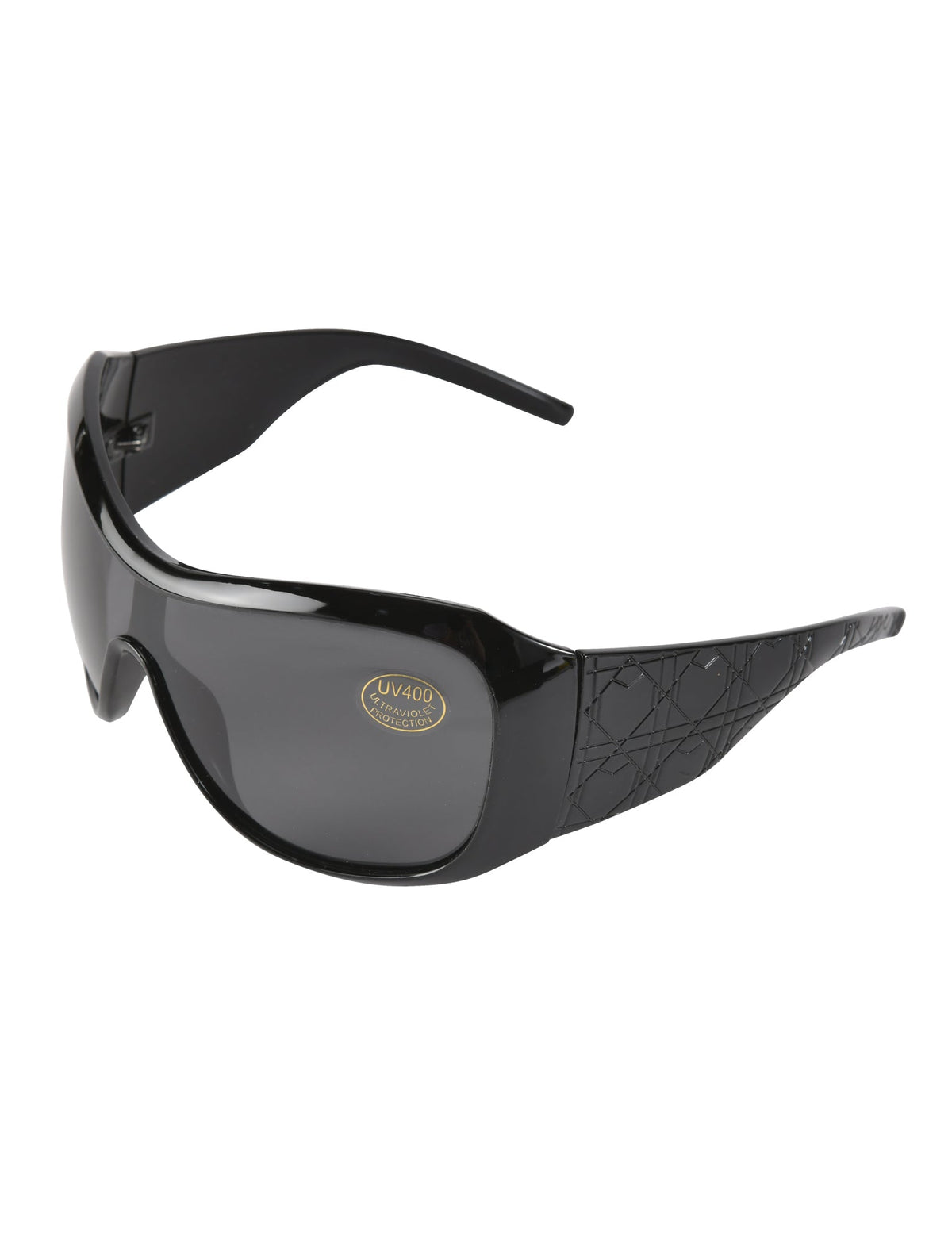 PAULIE FASHION SUNGLASSES - BLACK shield sunglasses featuring a quilted pattern on the temples and a UV400 protection sticker on the lens.