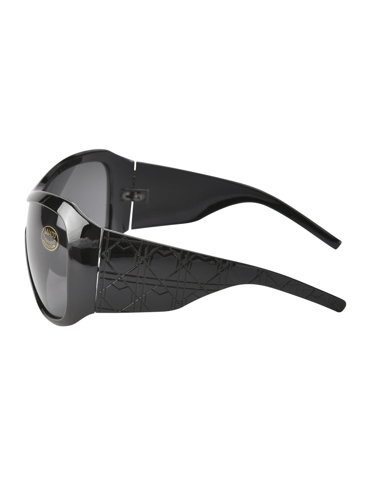 PAULIE FASHION SUNGLASSES - BLACK featuring black wraparound shields, a quilted pattern on the temples, and a UV400 protection sticker on the lens.