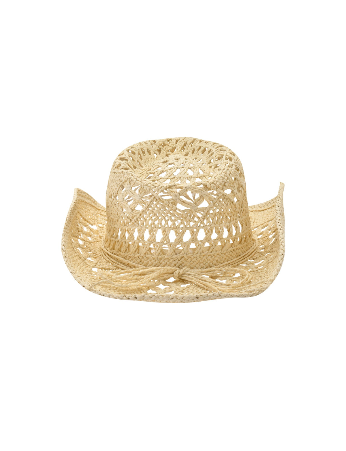 Tan woven straw COPELAND COWBOY HAT - TAN with a decorative tie at the base of the crown, designed in a one size fits most style.
