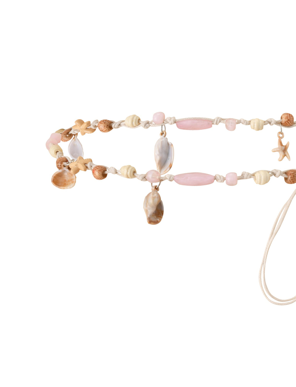 ARIEL BEADED BELT - TAN featuring assorted seashell and starfish charms interspersed with pale pink and neutral-colored beads, perfect as a faux shell belt.