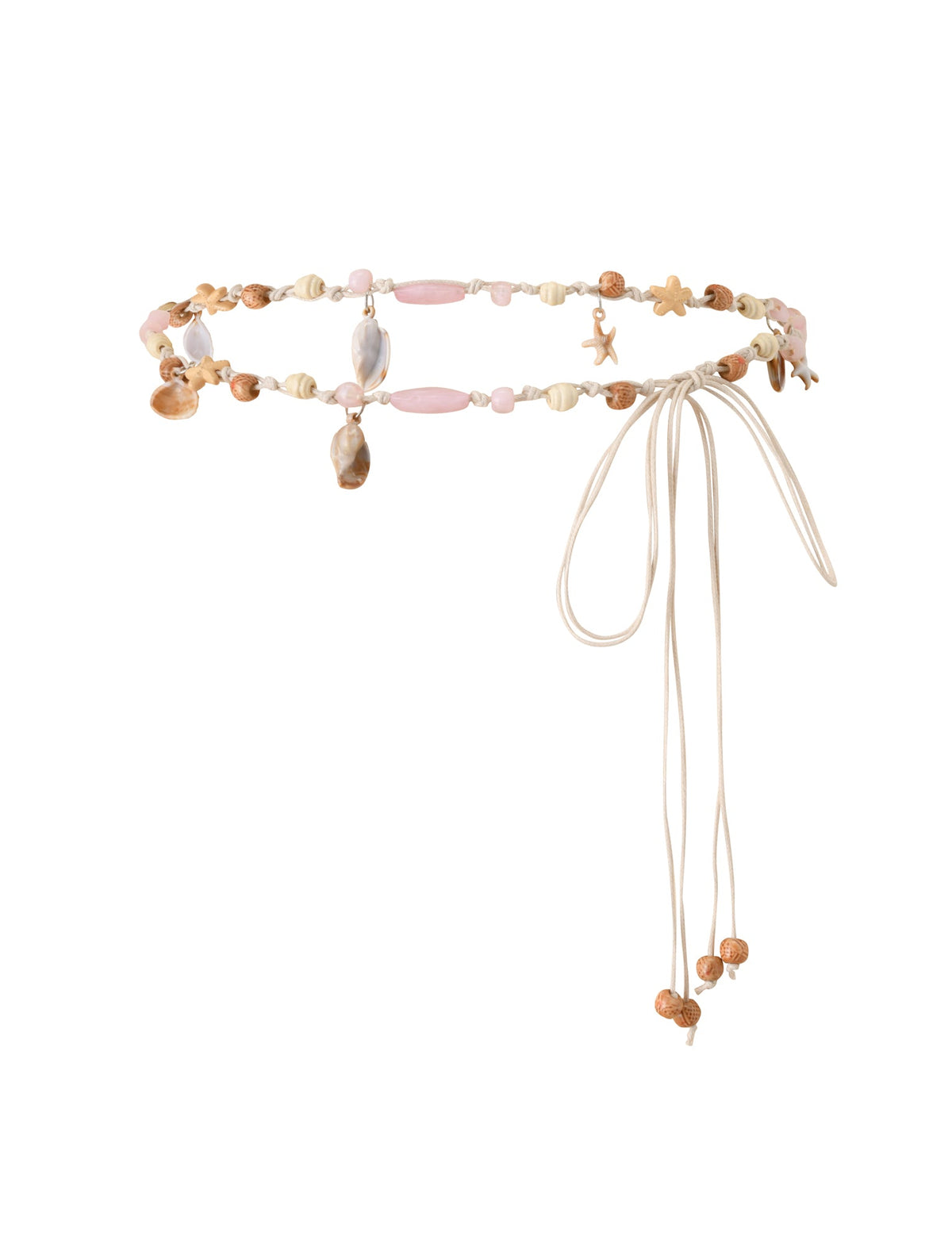 ARIEL BEADED BELT - TAN cord beaded shell belt featuring seashells and starfish charms with long ties.