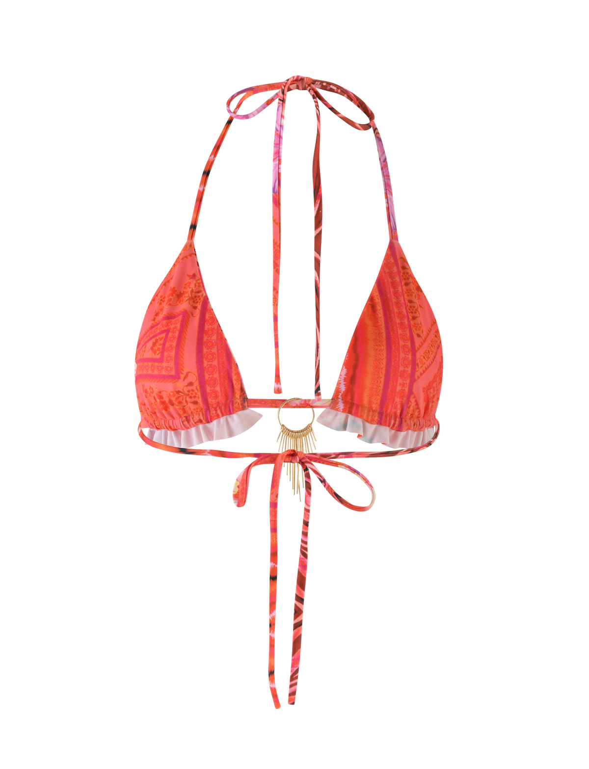 The CIANA BIKINI TOP by TIGERMIST features a pink tropical floral print, triangle cups, halter neck and back ties, a gold center embellishment, and is crafted from high-stretch fabric for comfort.