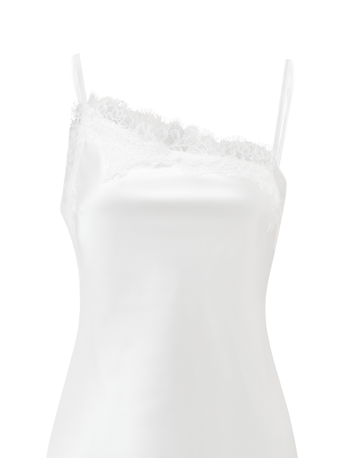 The ILARIA MINI DRESS - IVORY by TIGERMIST features thin spaghetti straps and a scalloped lace trim along the asymmetrical neckline, crafted in white satin and showcased on a plain white background.