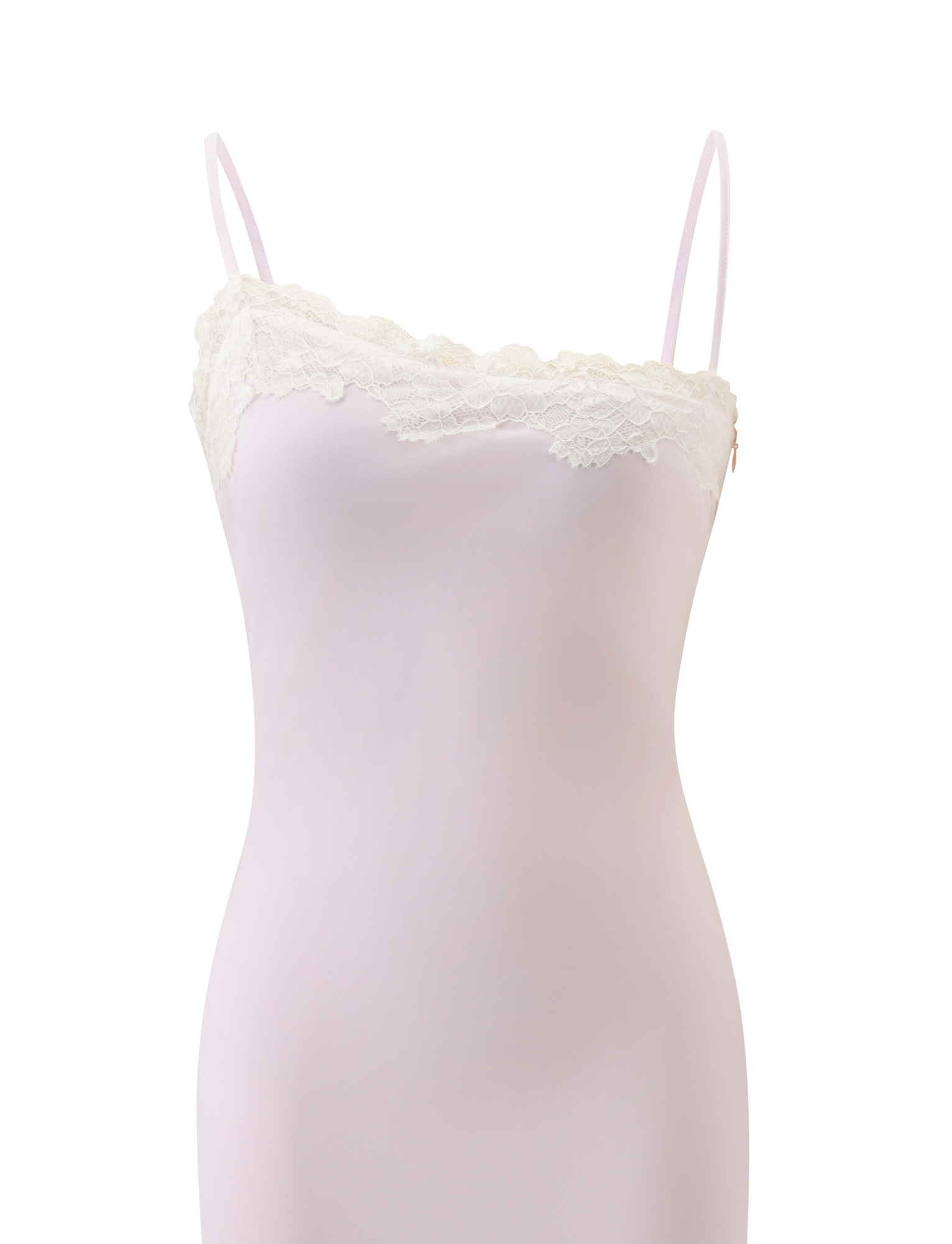 The LORIA MIDI DRESS by TIGERMIST is a light pink chiffon midi dress with thin straps and delicate lace trim at the neckline, showcasing a graceful silhouette, displayed against a plain white background.