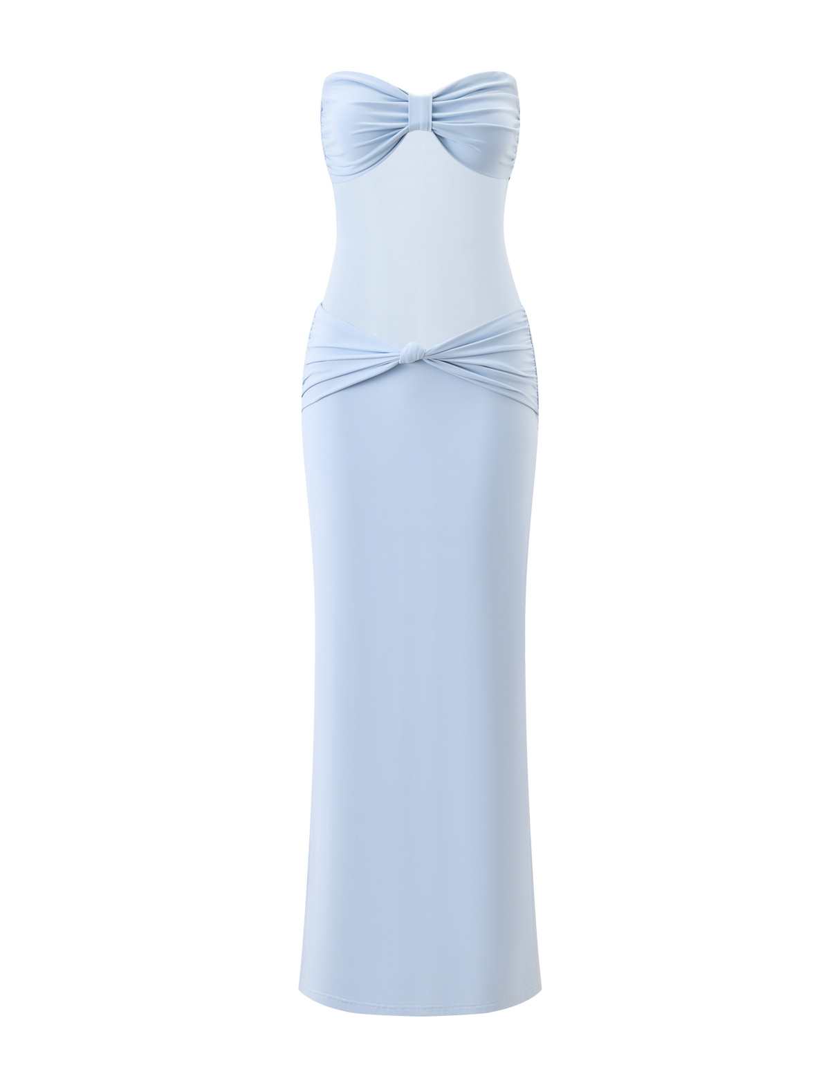 The AIYANNA MAXI DRESS by TIGERMIST features a strapless, floor-length light blue design with gathered bow-tie knot details at the bust and hips for a fitted, sleek, and elegant silhouette.
