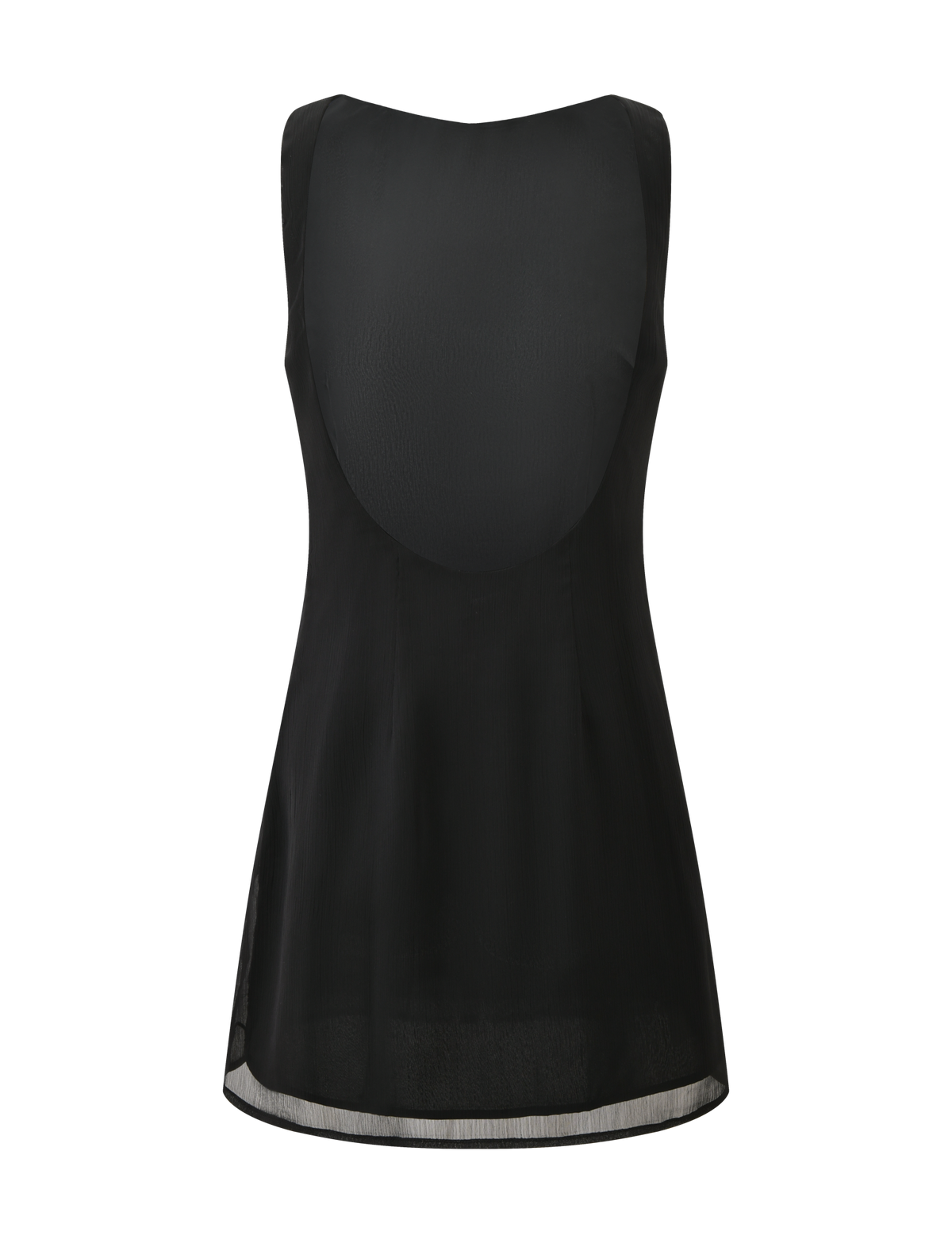 The KAELIE MINI DRESS by TIGERMIST is a sleeveless black tunic with a scoop neckline and flared hem, made from lightweight semi-sheer chiffon for an effortlessly chic style.