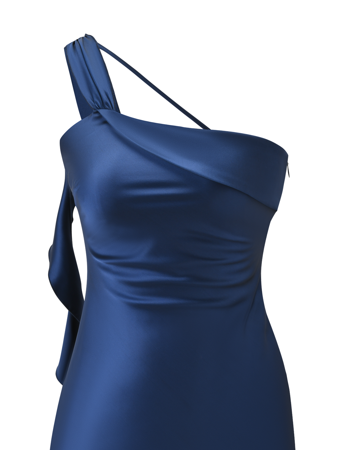 A close-up of the TIGERMIST RAINEY MINI DRESS in navy, showing its satin one-shoulder design with asymmetric thick and thin straps, draped bodice, and elegant waterfall ruffle details.