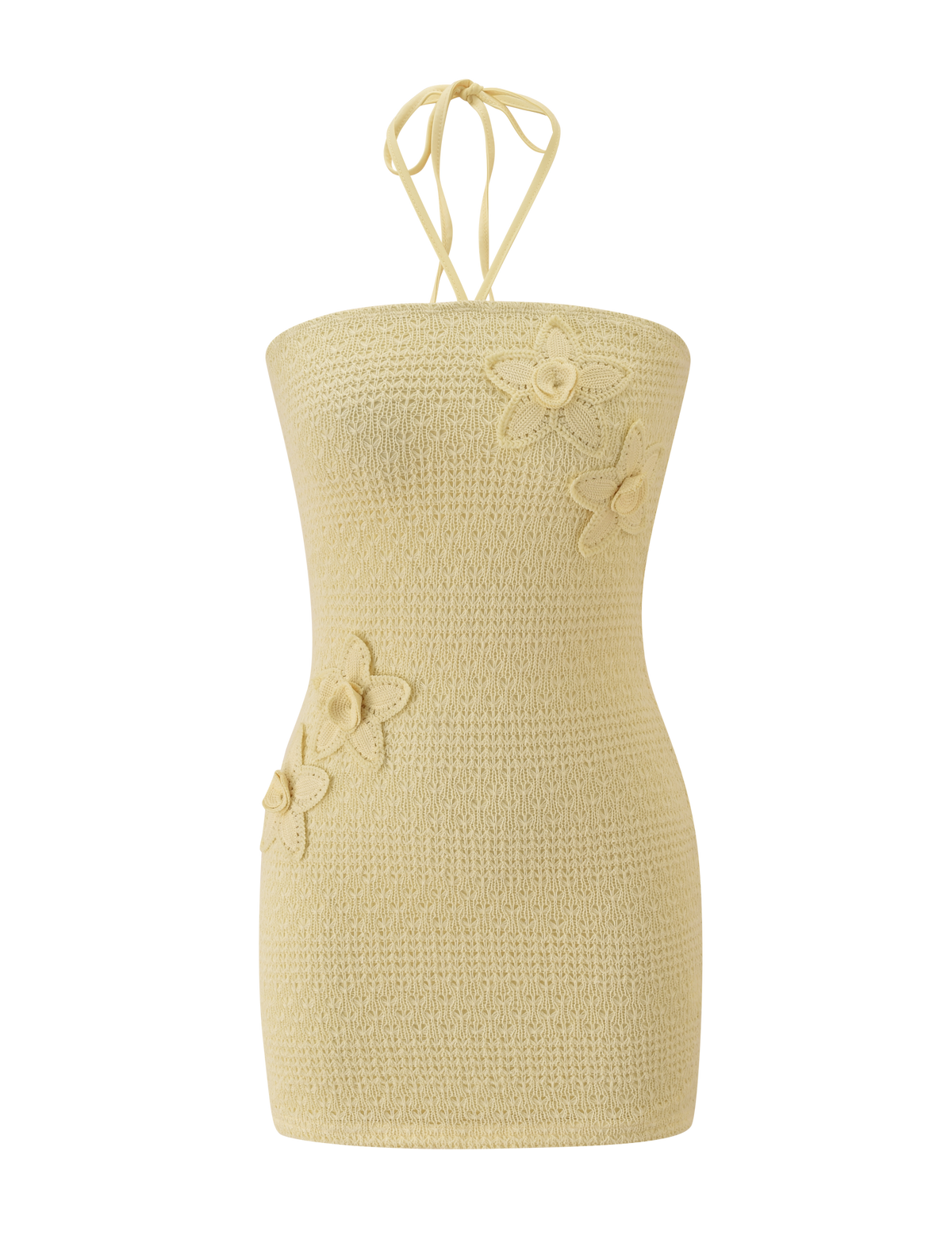 The KORRI DRESS - BUTTER by TIGERMIST is a sleeveless light yellow knit mini with a halter neck tie and three front crochet floral appliques.