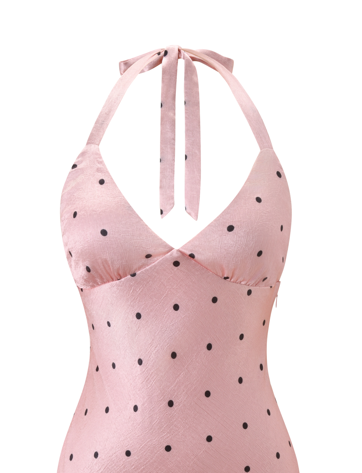 The TIGERMIST CINCIE MINI DRESS in pink dot features a playful halter-neck style with black polka dots and a back tie—perfect for fans of flirty, fashion-forward looks.