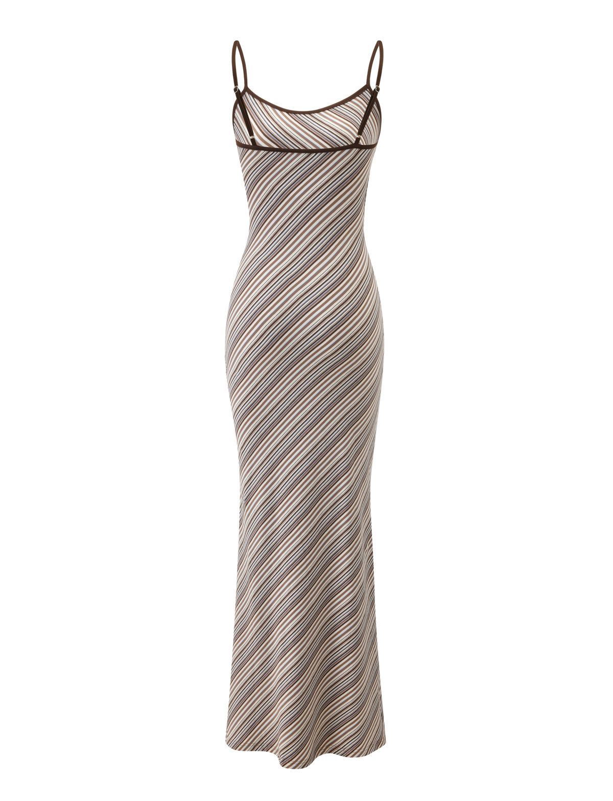 The SLOANE MAXI DRESS - TAN AND CHOC STRIPE by TIGERMIST features adjustable spaghetti straps, a fitted silhouette, and diagonal brown, beige, and white stripes on a sleeveless design.