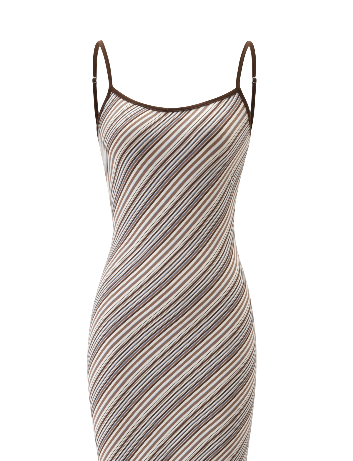 The TIGERMIST SLOANE MAXI DRESS - TAN AND CHOC STRIPE is a sleeveless, form-fitting maxi with adjustable spaghetti straps, diagonal tan and chocolate stripes, and dark brown trim on the neckline and straps for a bold look.