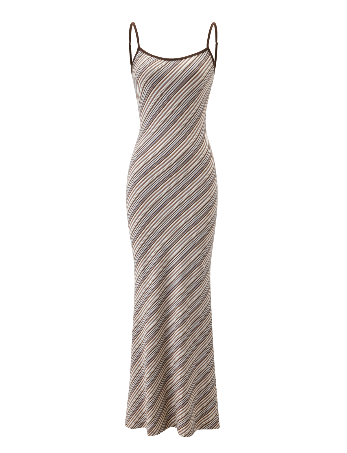 The TIGERMIST SLOANE MAXI DRESS - TAN AND CHOC STRIPE features a sleeveless, fitted silhouette with adjustable spaghetti straps and diagonal brown, beige, and cream stripes on a light background, showcased on a plain white backdrop.