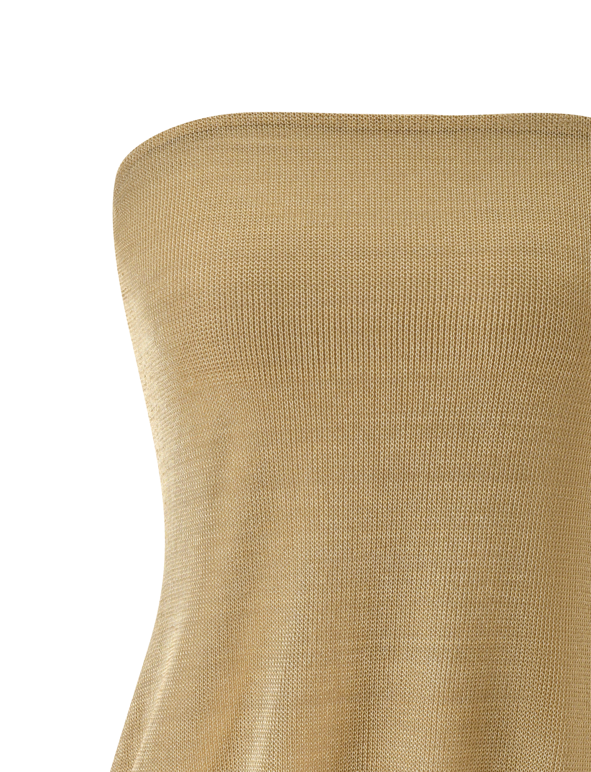 A close-up of the ADELYN MINI DRESS by TIGERMIST in metallic gold, displayed on a white background, highlights the shimmering knit fabric and smooth, form-fitting strapless design—perfect for wearing as a statement bodycon mini dress or layering with your favorite metallic looks.