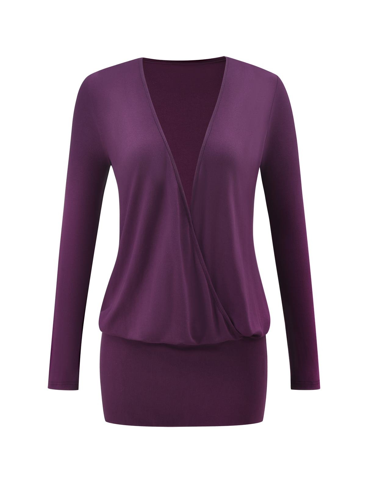 Plum-colored FOXLEY MINI DRESS - PLUM featuring a deep V-neckline and a draped, faux-wrap bodice.