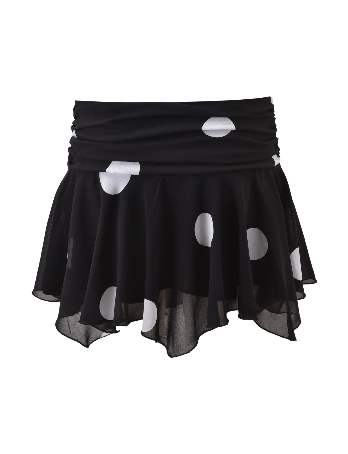 The TIGERMIST AYDIN MINI SKIRT - BLACK is a black chiffon mini skirt with bold white polka dots, a ruched waistband, and a playful asymmetrical hem.